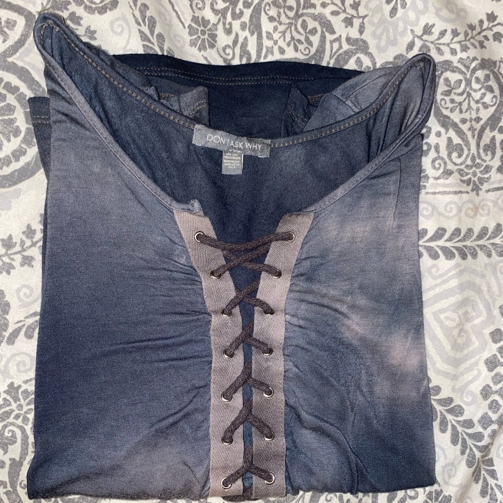 Blue Grey Acid Washed Front Lace Up Tee Shirt